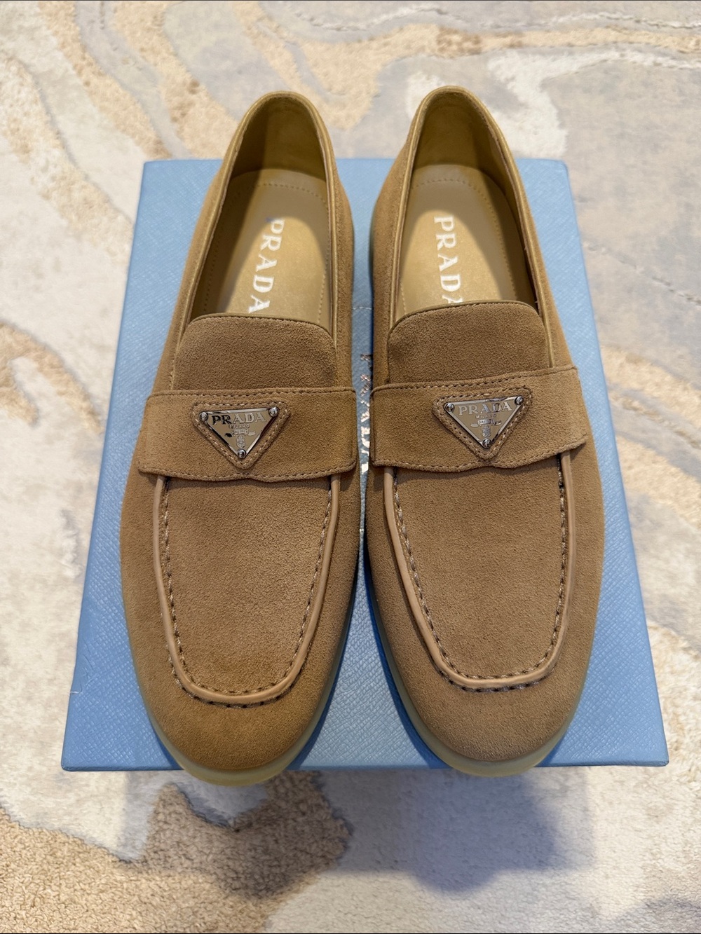 Prada Tan Suede Penny Loafers with Metal Logo size 10